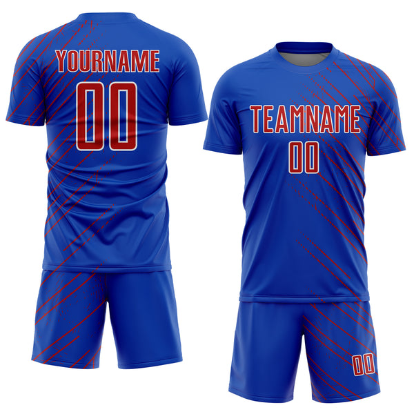 Custom Thunder Blue Red-White Lines Sports Sublimation Soccer Uniform Jersey
