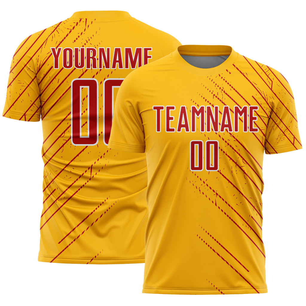 Custom Gold Red-White Lines Sports Sublimation Soccer Uniform Jersey