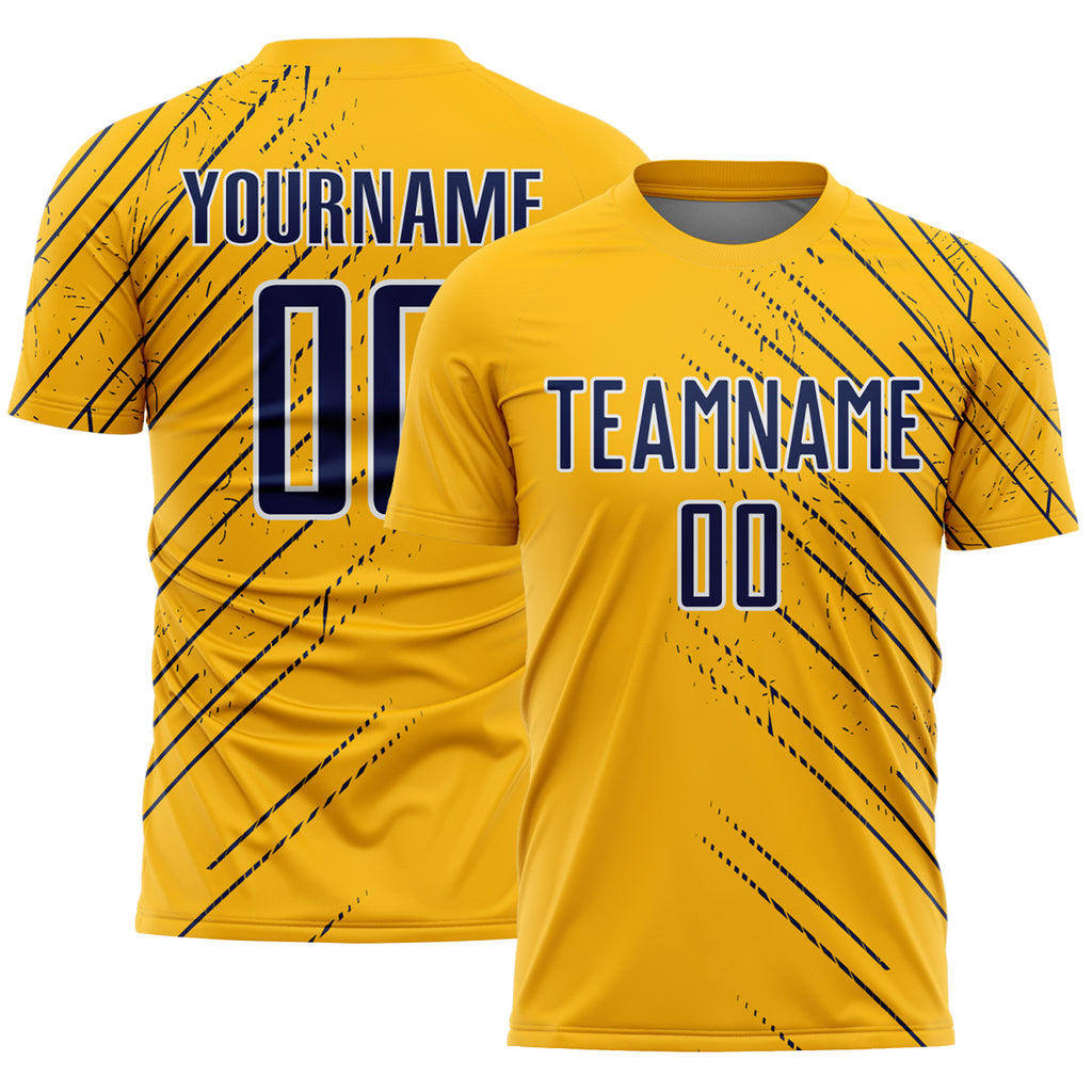 Custom Gold Navy-White Lines Sports Sublimation Soccer Uniform Jersey