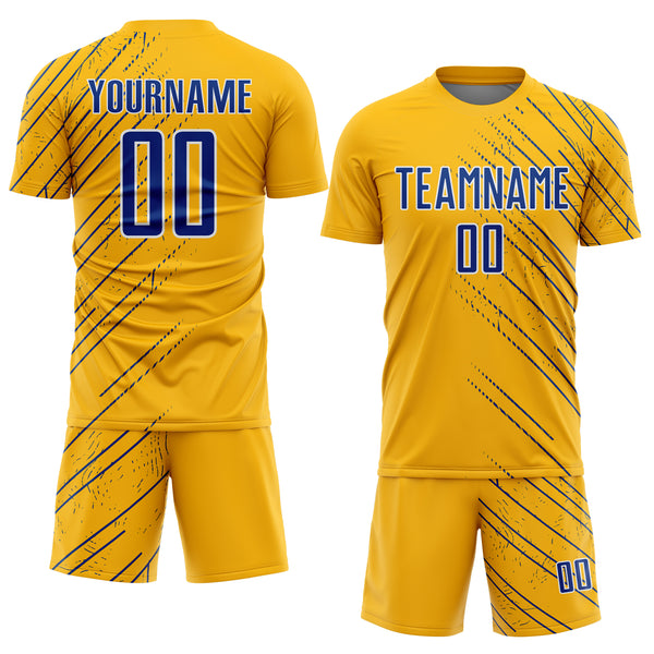 Custom Gold Royal-White Lines Sports Sublimation Soccer Uniform Jersey