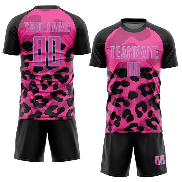Custom Black Pink-Light Blue Animal Leopard Print Sports Sublimation Soccer Uniform Jersey