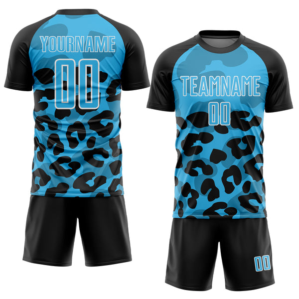 Custom Black Sky Blue-White Animal Leopard Print Sports Sublimation Soccer Uniform Jersey