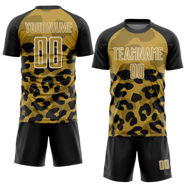 Custom Black Old Gold-White Animal Leopard Print Sports Sublimation Soccer Uniform Jersey