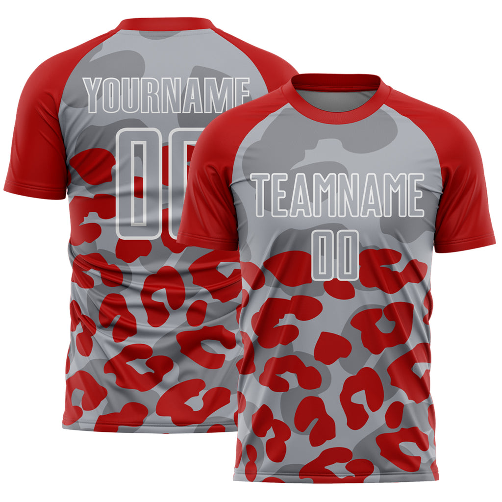 Custom Red Gray-White Animal Leopard Print Sports Sublimation Soccer Uniform Jersey