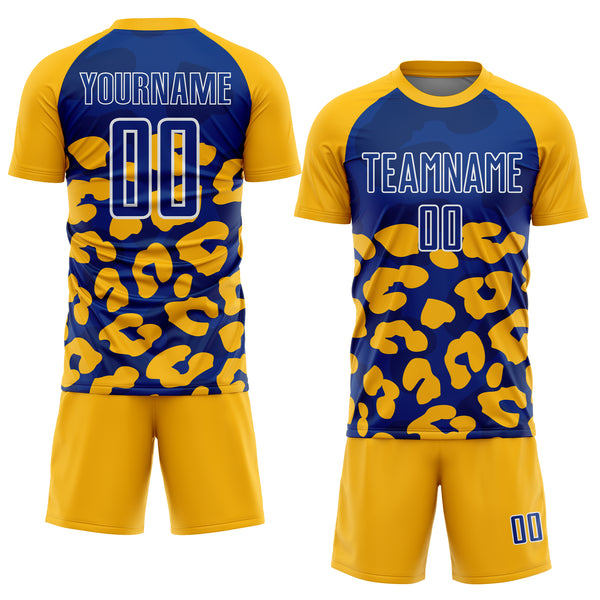 Custom Gold Royal-White Animal Leopard Print Sports Sublimation Soccer Uniform Jersey