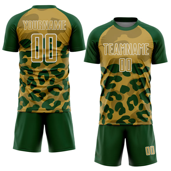 Custom Green Old Gold-White Animal Leopard Print Sports Sublimation Soccer Uniform Jersey