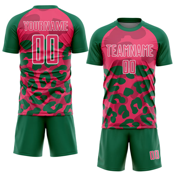 Custom Kelly Green Neon Pink-White Animal Leopard Print Sports Sublimation Soccer Uniform Jersey