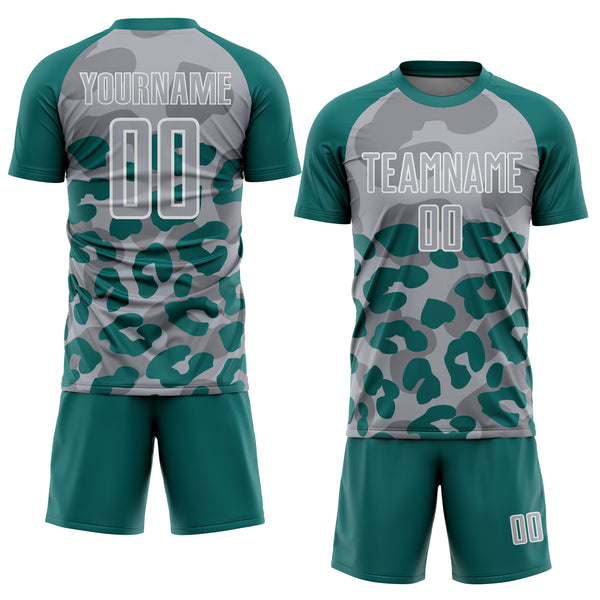 Custom Teal Gray-White Animal Leopard Print Sports Sublimation Soccer Uniform Jersey