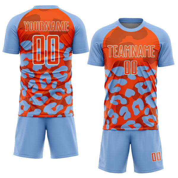 Custom Light Blue Orange-White Animal Leopard Print Sports Sublimation Soccer Uniform Jersey