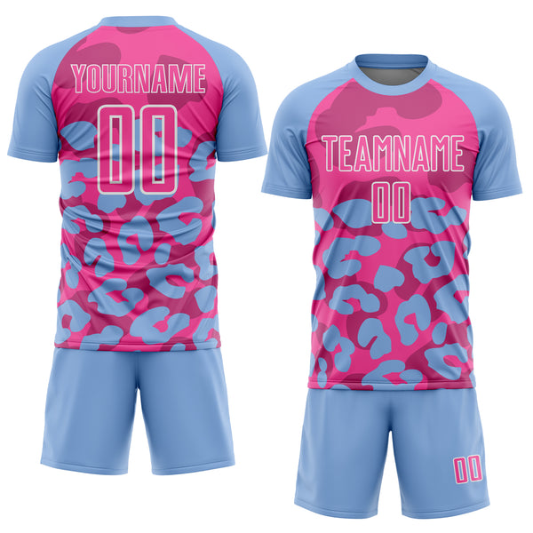 Custom Light Blue Pink-White Animal Leopard Print Sports Sublimation Soccer Uniform Jersey