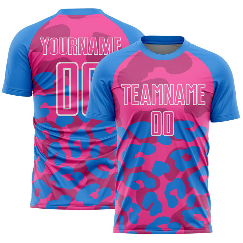 Custom Powder Blue Pink-White Animal Leopard Print Sports Sublimation Soccer Uniform Jersey