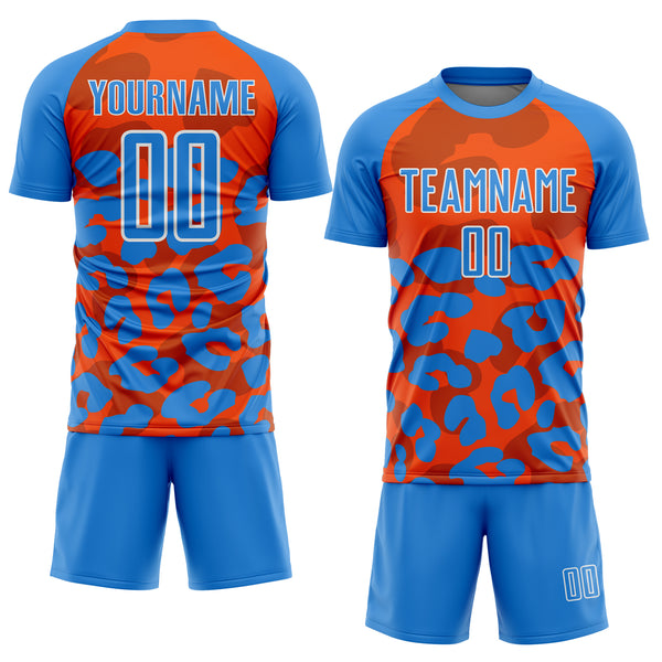 Custom Powder Blue Orange-White Animal Leopard Print Sports Sublimation Soccer Uniform Jersey