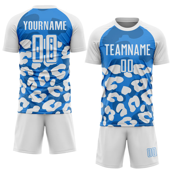 Custom White Powder Blue Animal Leopard Print Sports Sublimation Soccer Uniform Jersey