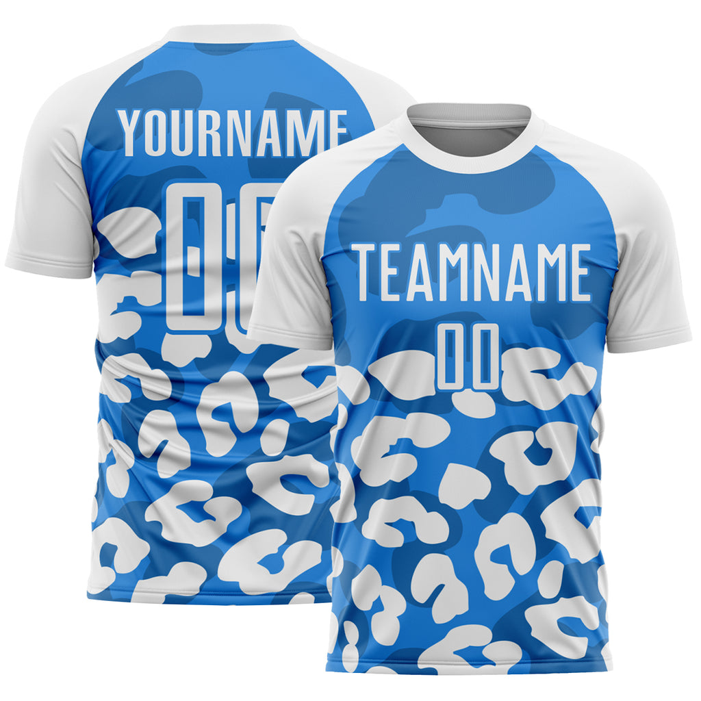 Custom White Powder Blue Animal Leopard Print Sports Sublimation Soccer Uniform Jersey