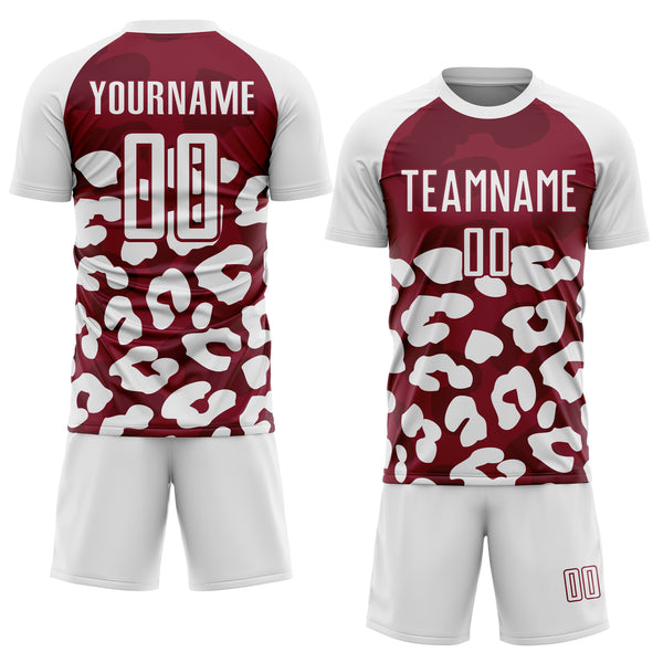 Custom White Crimson Animal Leopard Print Sports Sublimation Soccer Uniform Jersey