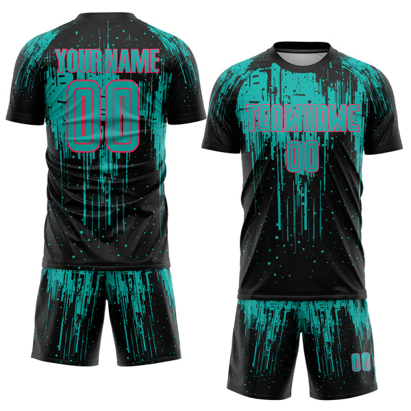 Custom Black Aqua-Neon Pink Dripping Splatte Pattern Sports Sublimation Soccer Uniform Jersey