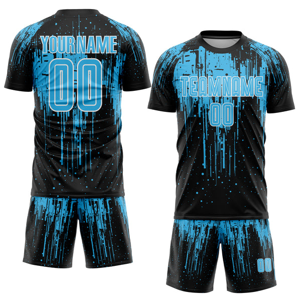 Custom Black Sky Blue-White Dripping Splatte Pattern Sports Sublimation Soccer Uniform Jersey