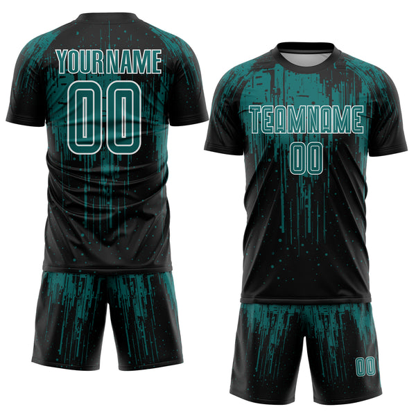 Custom Black Teal-White Dripping Splatte Pattern Sports Sublimation Soccer Uniform Jersey