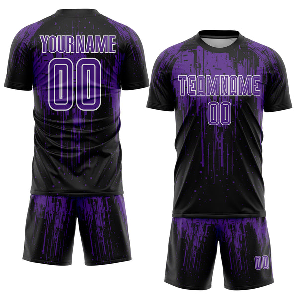 Custom Black Purple-White Dripping Splatte Pattern Sports Sublimation Soccer Uniform Jersey