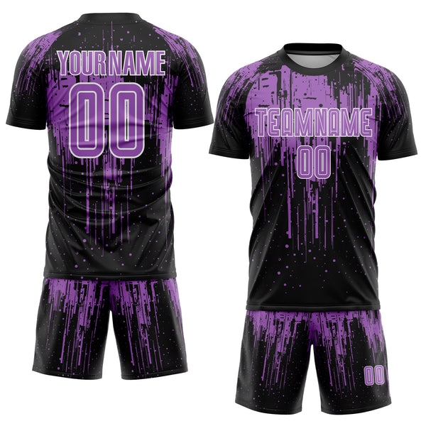 Custom Black Medium Purple-White Dripping Splatte Pattern Sports Sublimation Soccer Uniform Jersey