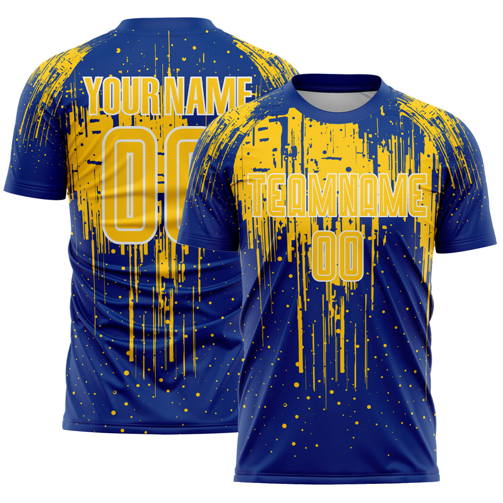 Custom Royal Yellow-White Dripping Splatte Pattern Sports Sublimation Soccer Uniform Jersey