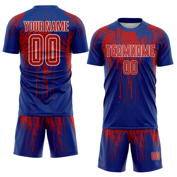 Custom Royal Red-White Dripping Splatte Pattern Sports Sublimation Soccer Uniform Jersey