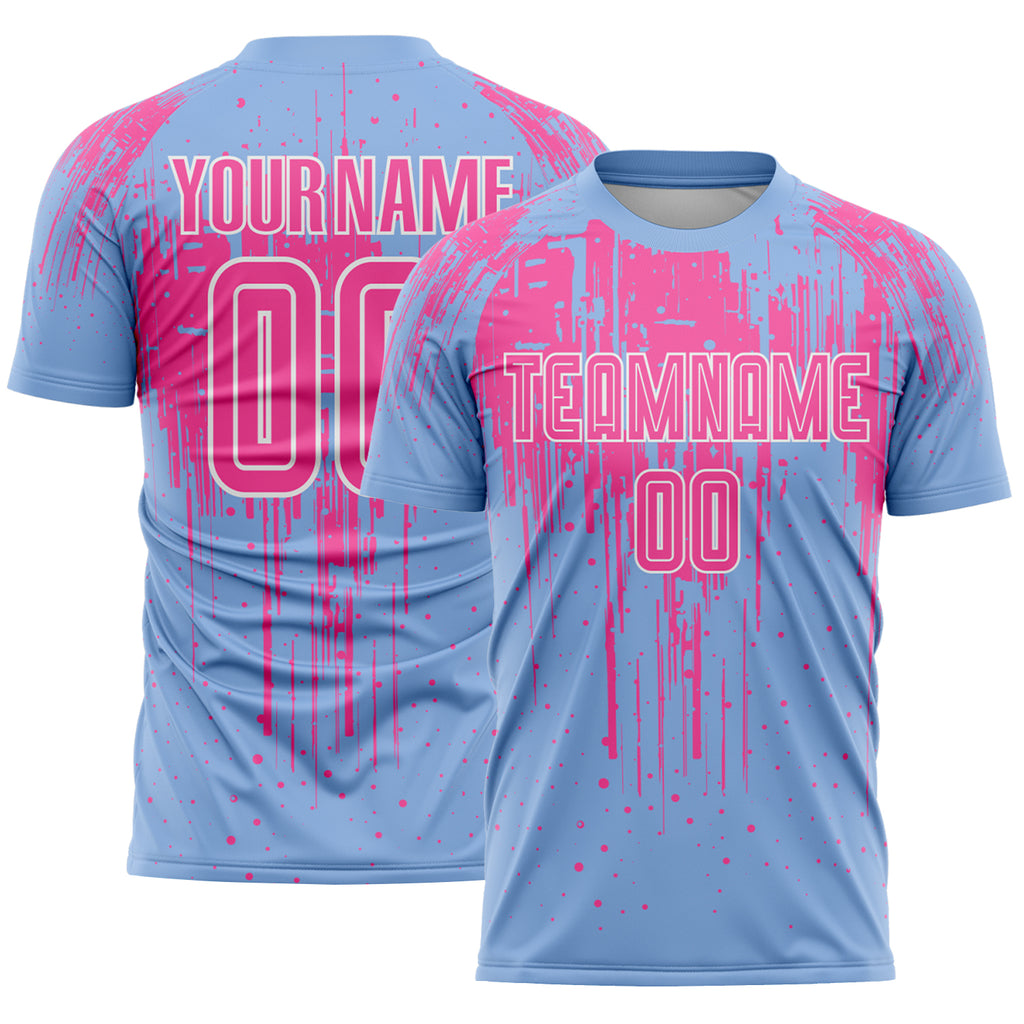 Custom Light Blue Pink-White Dripping Splatte Pattern Sports Sublimation Soccer Uniform Jersey
