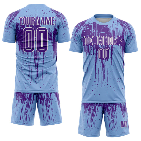 Custom Light Blue Purple-White Dripping Splatte Pattern Sports Sublimation Soccer Uniform Jersey
