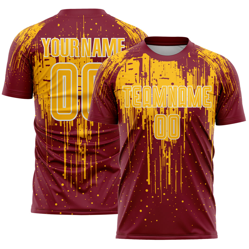 Custom Crimson Gold-White Dripping Splatte Pattern Sports Sublimation Soccer Uniform Jersey