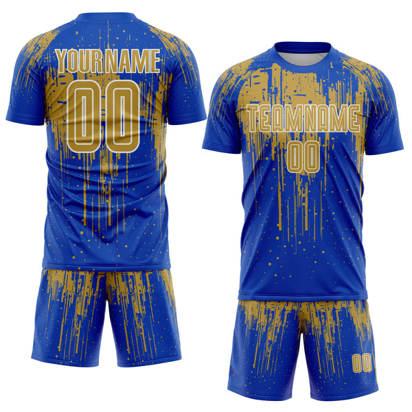 Custom Thunder Blue Old Gold-White Dripping Splatte Pattern Sports Sublimation Soccer Uniform Jersey