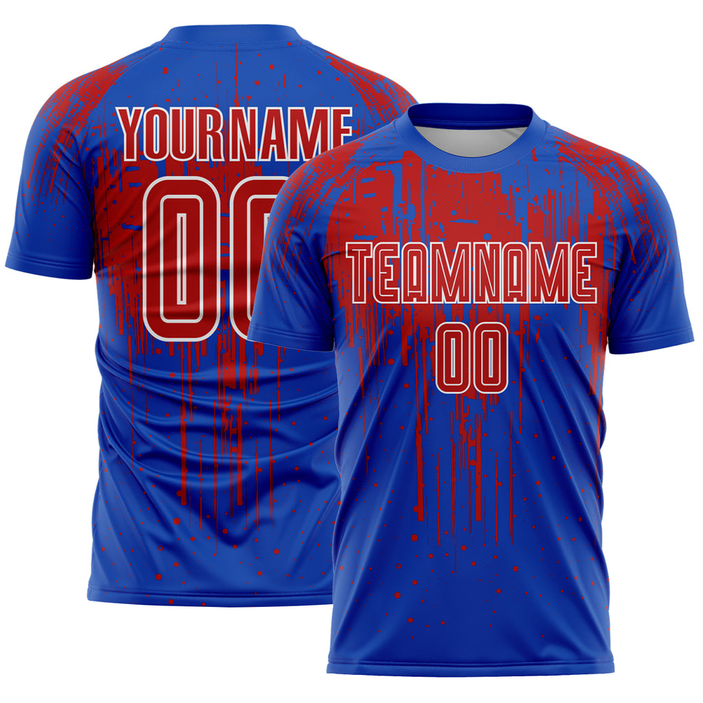 Custom Thunder Blue Red-White Dripping Splatte Pattern Sports Sublimation Soccer Uniform Jersey