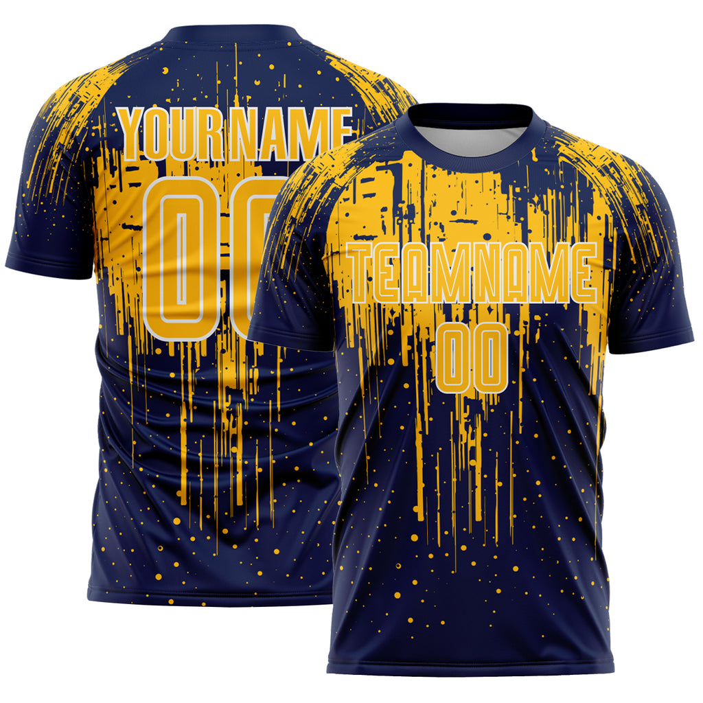Custom Navy Gold-White Dripping Splatte Pattern Sports Sublimation Soccer Uniform Jersey