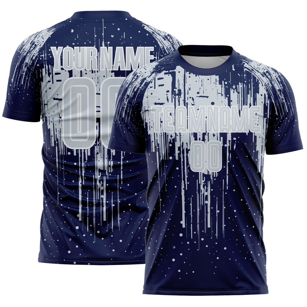 Custom Navy Silver-White Dripping Splatte Pattern Sports Sublimation Soccer Uniform Jersey