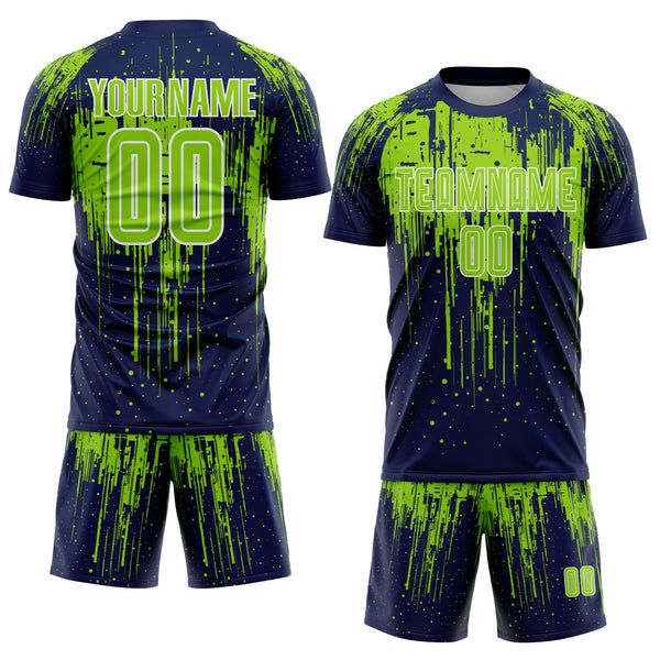 Custom Navy Neon Green-White Dripping Splatte Pattern Sports Sublimation Soccer Uniform Jersey