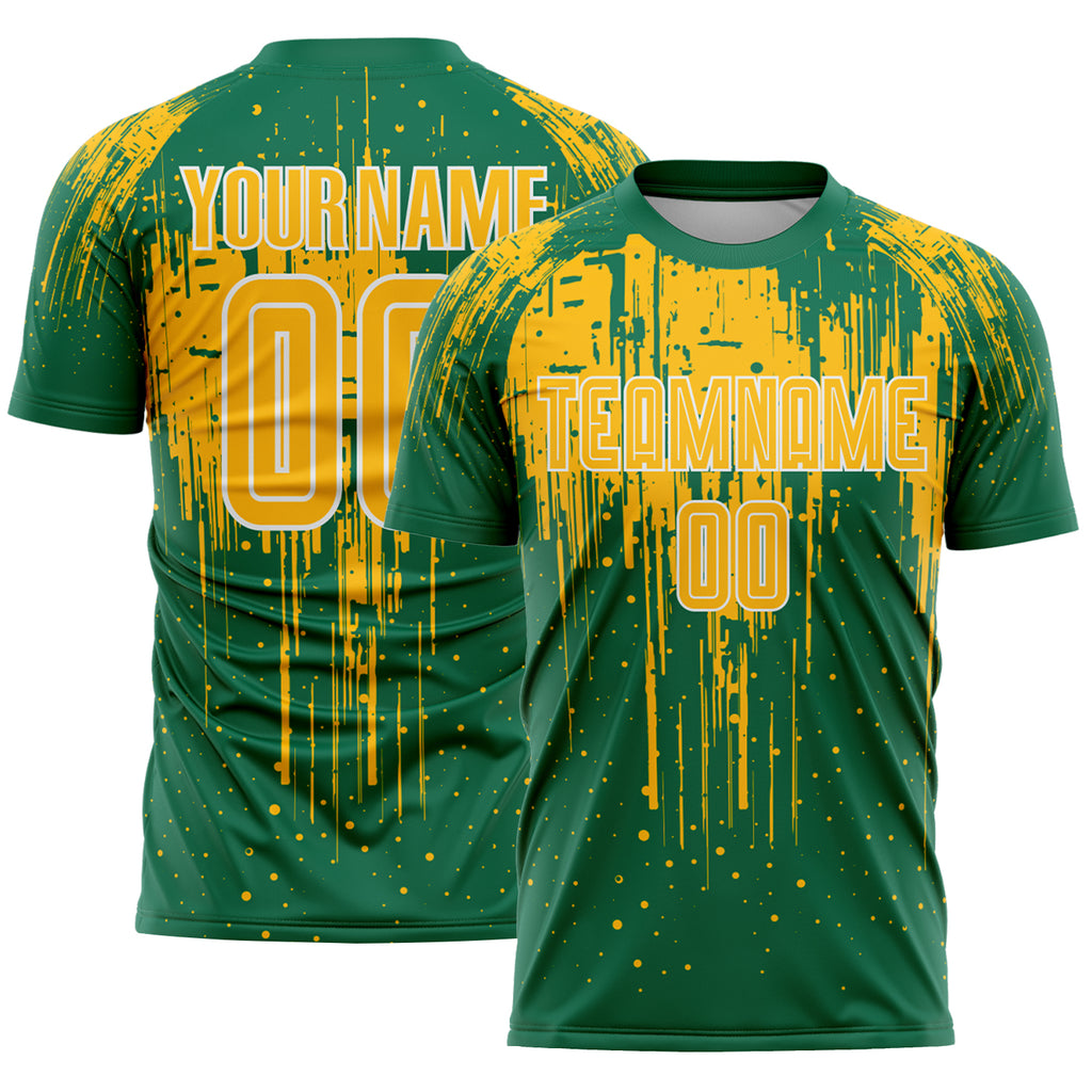 Custom Kelly Green Gold-White Dripping Splatte Pattern Sports Sublimation Soccer Uniform Jersey