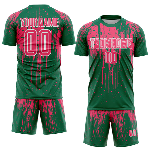 Custom Kelly Green Neon Pink-White Dripping Splatte Pattern Sports Sublimation Soccer Uniform Jersey