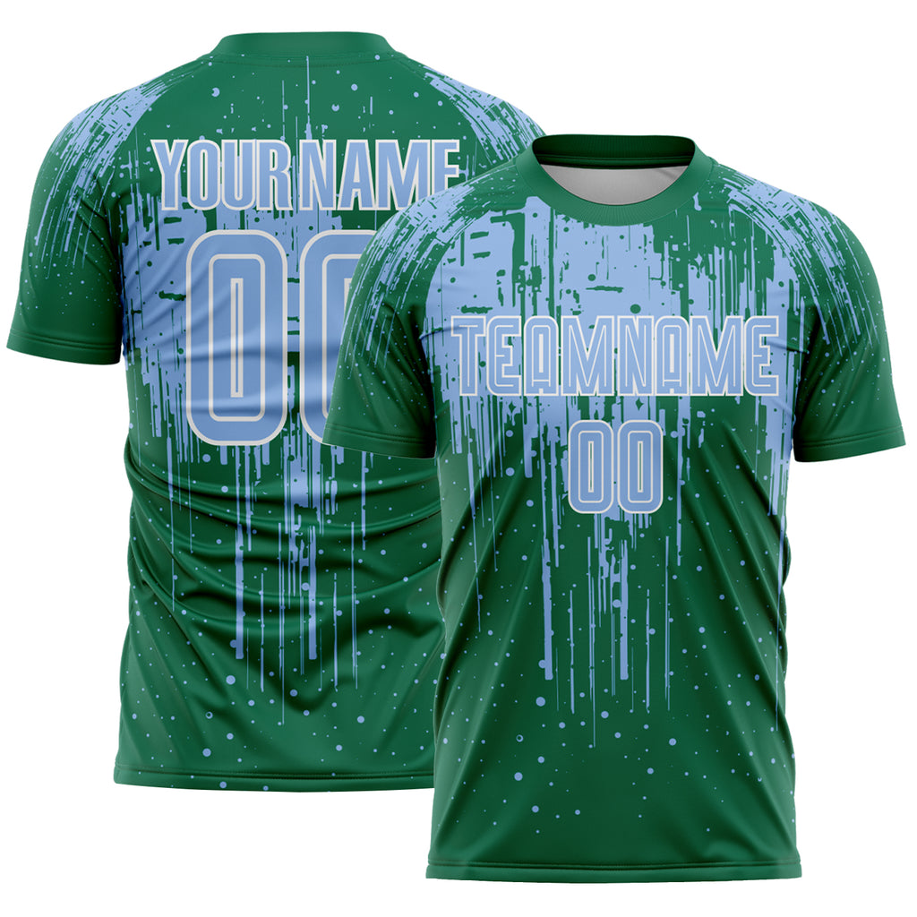 Custom Kelly Green Light Blue-White Dripping Splatte Pattern Sports Sublimation Soccer Uniform Jersey