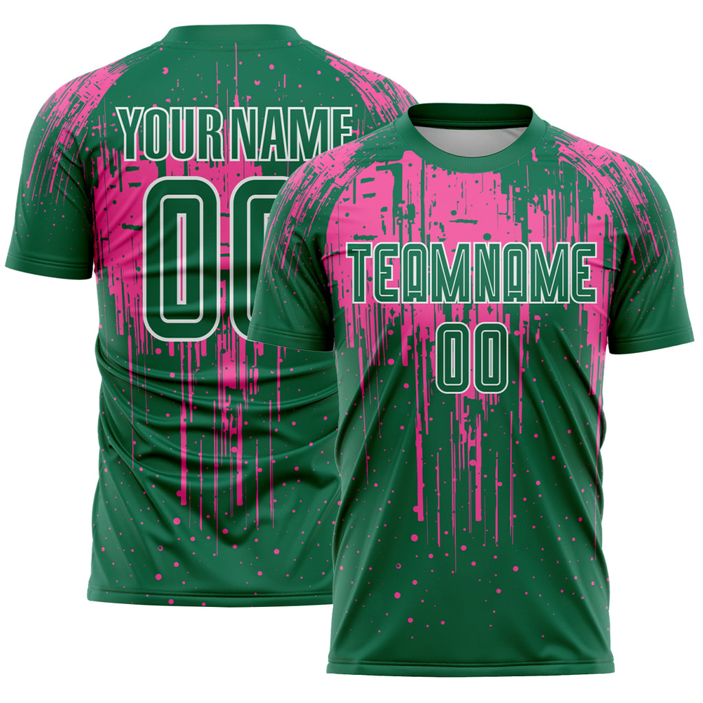 Custom Kelly Green Pink-White Dripping Splatte Pattern Sports Sublimation Soccer Uniform Jersey