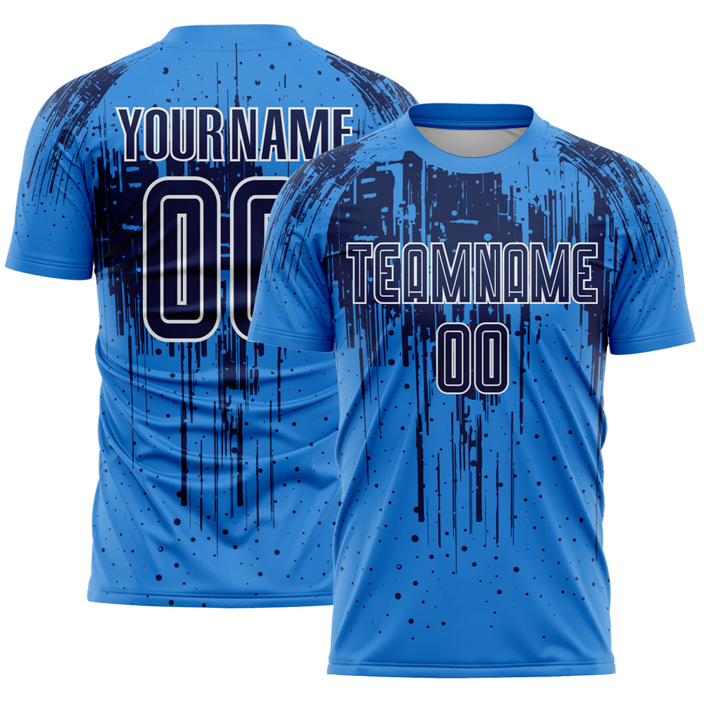 Custom Powder Blue Navy-White Dripping Splatte Pattern Sports Sublimation Soccer Uniform Jersey