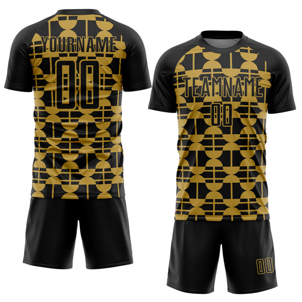 Custom Black Old Gold Geometric Shapes Sports Sublimation Soccer Uniform Jersey