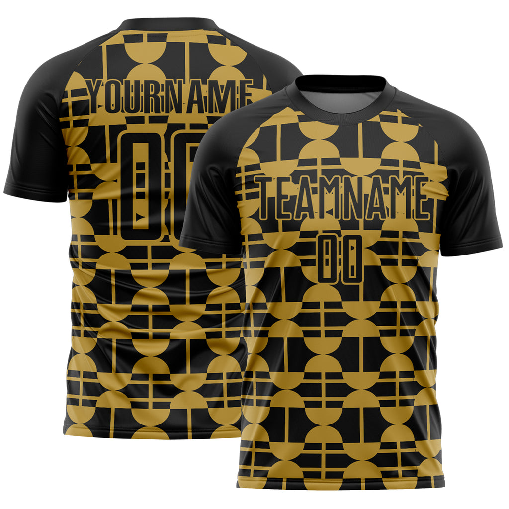 Custom Black Old Gold Geometric Shapes Sports Sublimation Soccer Uniform Jersey