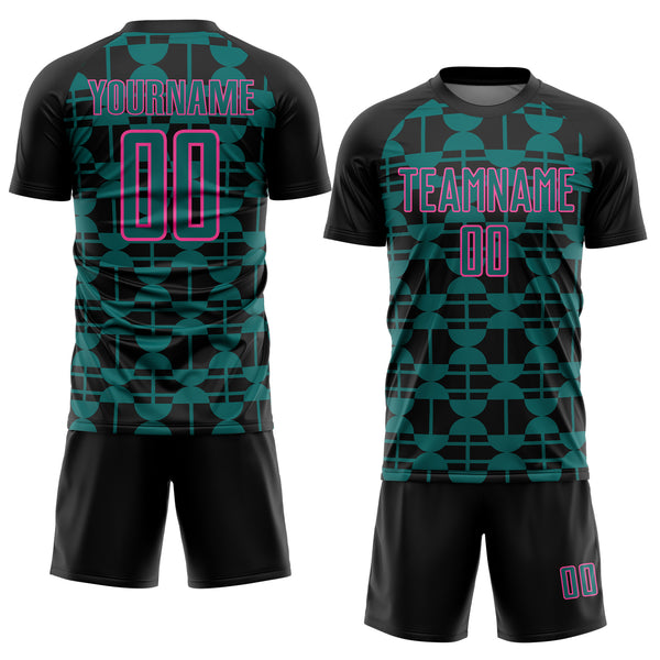 Custom Black Teal-Pink Geometric Shapes Sports Sublimation Soccer Uniform Jersey