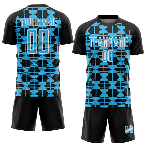 Custom Black Sky Blue-White Geometric Shapes Sports Sublimation Soccer Uniform Jersey