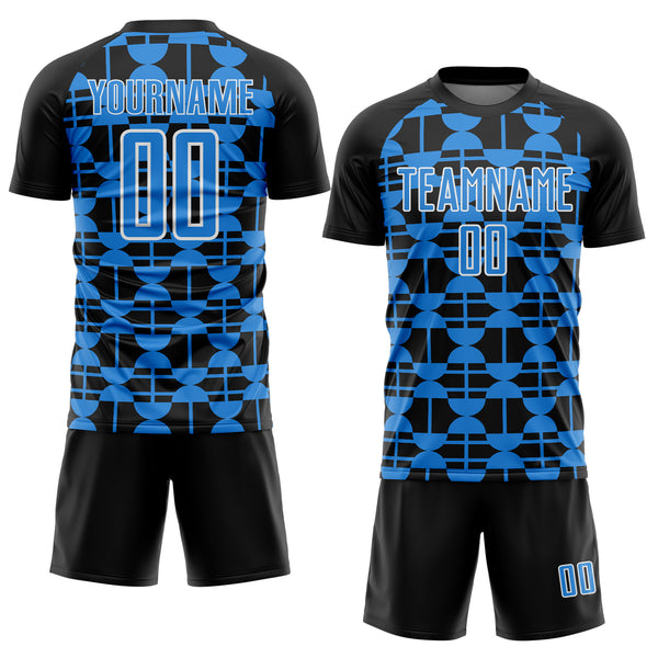 Custom Black Powder Blue-White Geometric Shapes Sports Sublimation Soccer Uniform Jersey