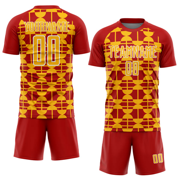 Custom Red Gold-White Geometric Shapes Sports Sublimation Soccer Uniform Jersey