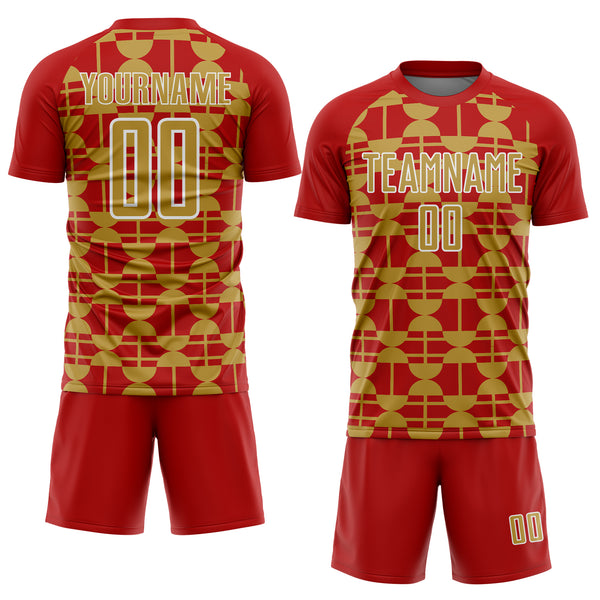 Custom Red Old Gold-White Geometric Shapes Sports Sublimation Soccer Uniform Jersey