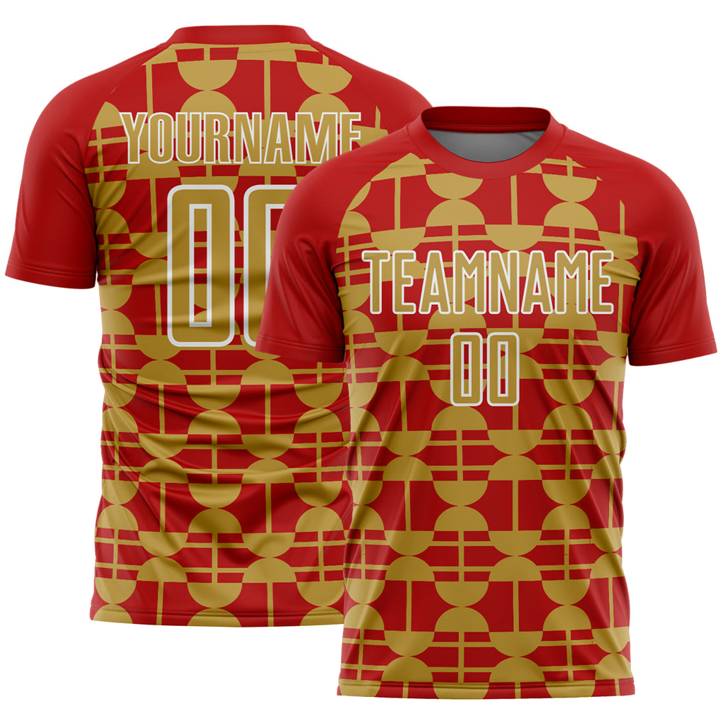 Custom Red Old Gold-White Geometric Shapes Sports Sublimation Soccer Uniform Jersey
