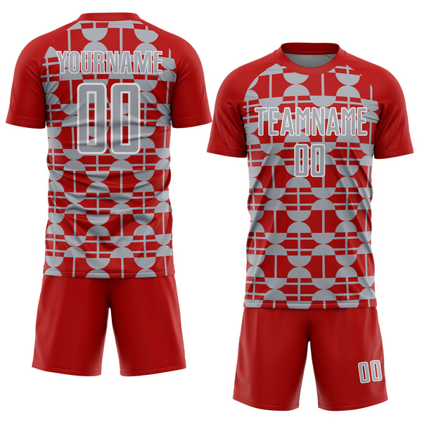 Custom Red Gray-White Geometric Shapes Sports Sublimation Soccer Uniform Jersey