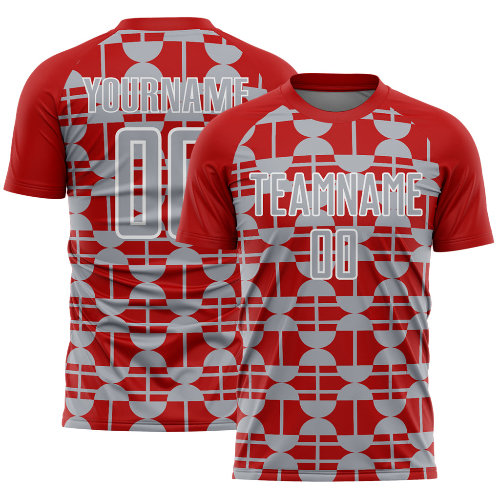 Custom Red Gray-White Geometric Shapes Sports Sublimation Soccer Uniform Jersey