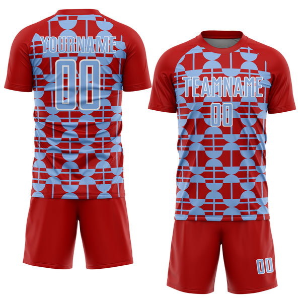 Custom Red Light Blue-White Geometric Shapes Sports Sublimation Soccer Uniform Jersey